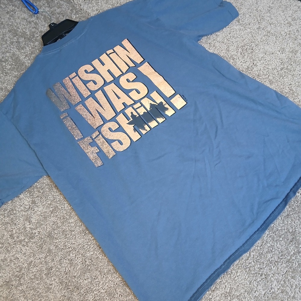 Bass Pro Shops Mens Wishin I Was Fishin Graphic T-Shirt Blue XL Gildan Cotton